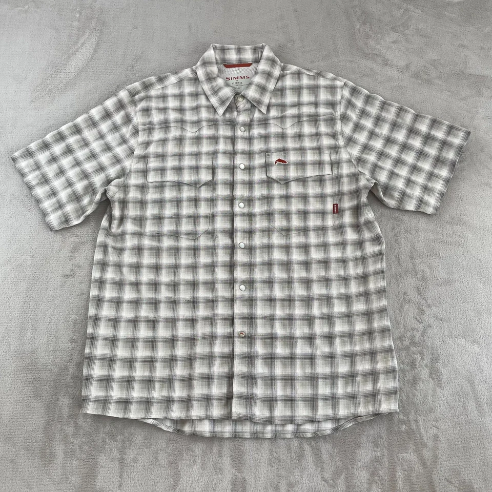 Camisa de pesca Simms Big Sky para hombre mediana beige a cuadros Cor3 ventilada perla a presión nueva sin etiquetas Foto 3 de 4