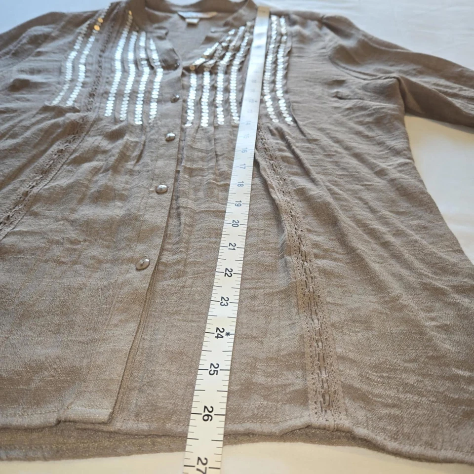 Camisa Krazy Kat Mujer M Taupe Manga 3/4 Lino Informal Abotonada Lentejuelas Foto 3 de 4