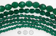 Czech Fire Polished Round Faceted Glass Beads in Emerald color, green