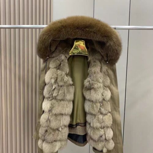 Fuchspelzkragen abnehmbar Rex Kaninchenfell Damen Kapuze Kurz Parka Mäntel Jacken - Bild 4 von 15