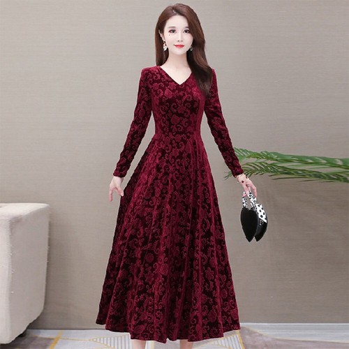 Women V Neck Velvet Long Sleeve Dress Fashion Bodycon Cocktail Party Maxi Dress - Picture 16 of 16