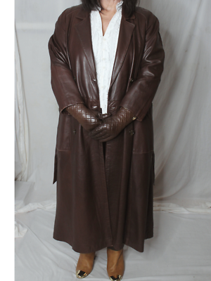 Womens Leather Trench Coat Brown 10/L/XL Long SOFT Lambskin