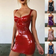 Sexy Women PU Bandage Bodycon Sleeveless Dress Club Party Short Sling Dress