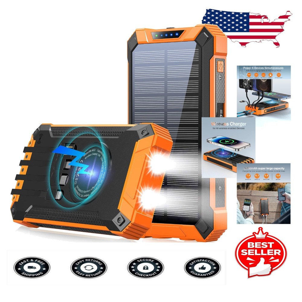 36000mAh Portable Power Bank with 4 Cables, Waterproof Adventure-Ready Design