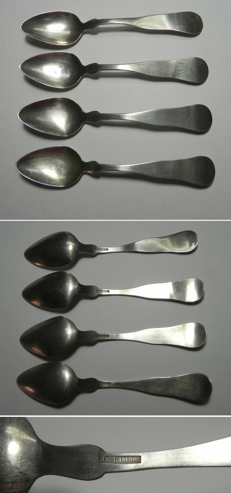(4) Early 1800s Early American Coin Silver Teaspoons Jacob G.L. Libby, Boston MA