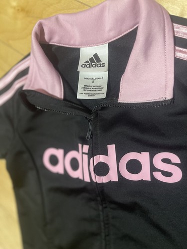 Adidas Track Jacket Girls Size 5 Full Zip Black Pink Stripes - Picture 2 of 3