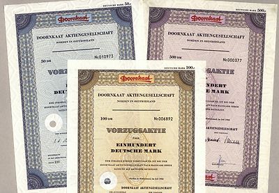 3 original DOORNKAAT files - 3 preferred shares over 50, 100 and 500 DM from 1966