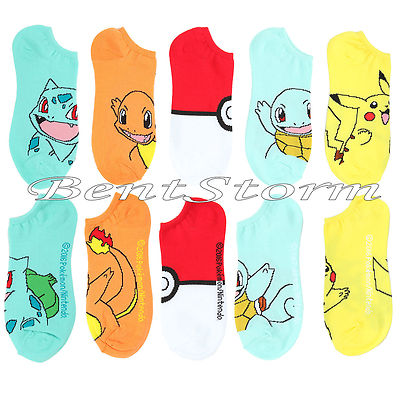 Pokemon BIG FACE No-Show Socks 5 Pair PK Pikachu Charmander Squirtle Bulbasaur