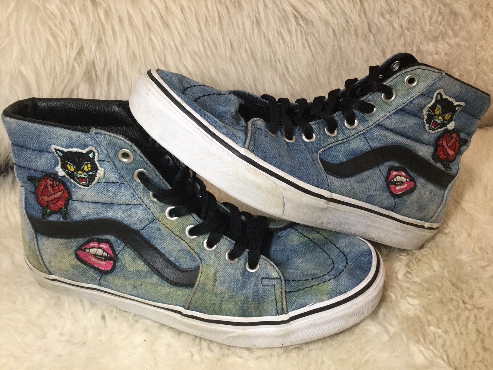 Vans Off The Wall Hi Top Skate Shoes Denim Acid Wash Blue Men's