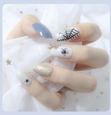 Halloween Press On Nails Spider Net Blue Black White With Glue Stickers 24 Pcs