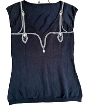 VTG Nicole Miller Collection Black Jeweled and Beaded Top Sz Small Black Silver