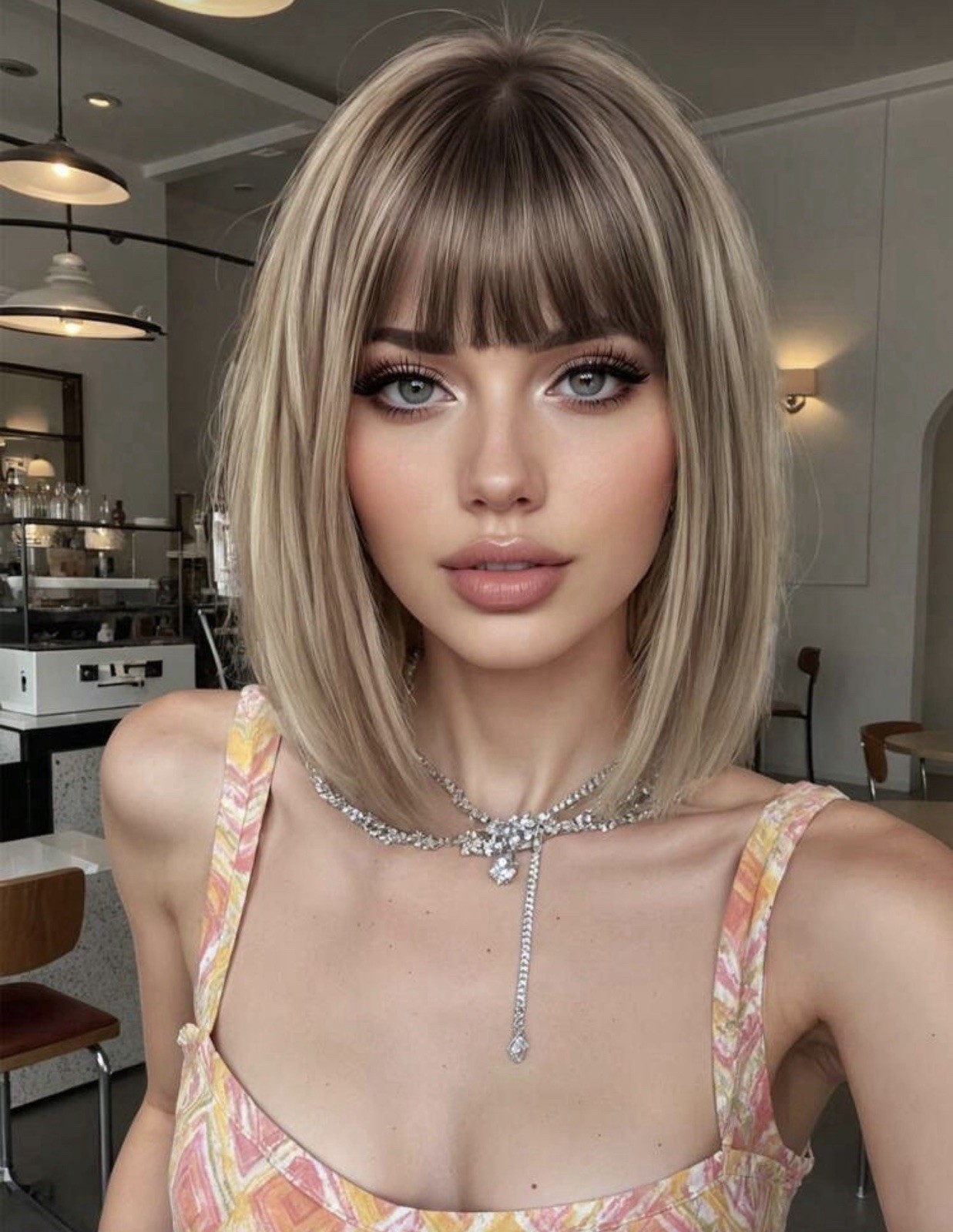 Perruque blonde et brune synthétique courte de 30cm à frange lisse