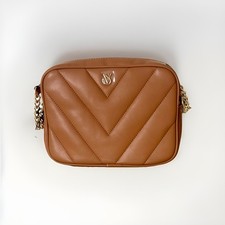 Victoria's Secret V Quilt Crossbody Camera Bag Brown Top Zip Chain Strap NWT