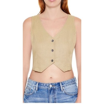 Womens Suit Vest Med Khaki Tan Button Up Business Collar Stretch Boho Office NWT
