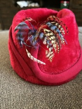 Ladies Vintage Red Fur Hat With Feather Embellishing