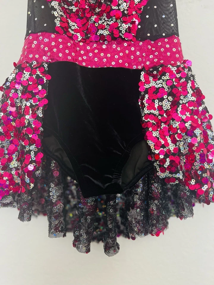 Vestido Disfraz de Baile Rosa/Negro Lentejuelas Niñas Talla 8-10 Arco Leotardo Figura Patín Foto 3 de 4