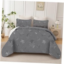 Quilt Size - 3 Pieces Branch Botanical Quilt Reversible Microfiber King Grey