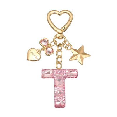 Cute Initial Letter Keychain, Letter T Keychains for Women Girls Bling Pink