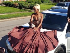 Brown Satin Mermaid Gown Strapless Sweetheart Beaded Feather Prom Dress