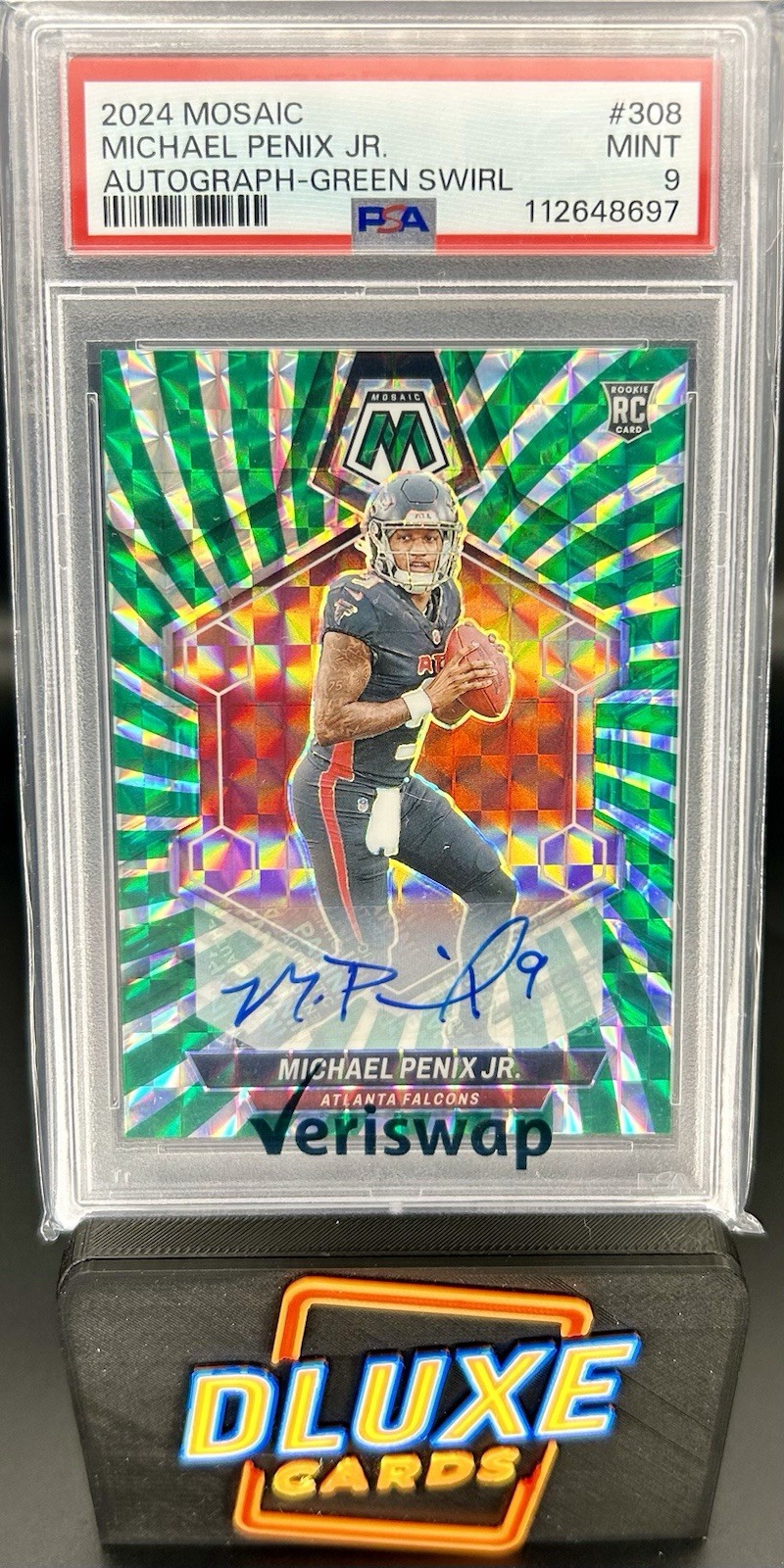 2024 Mosaic Green Swirl #308 Michael Penix Jr Falcons RC Rookie AUTO /15 PSA 9