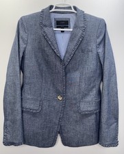 J Crew Regent Blazer Womens 6 Blue Chambray Ruffle Trim Cotton Jacket Preppy