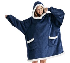 NWOT BEDSURE Wearable Blanket Hoodie Navy Sherpa Fleece Hooded Blanket Standard