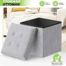 Gray Storage Ottoman Fabric Upholstered Classic Benches Cube Seat Footstool Home