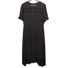Quince Women Lightweight Crepe Lace Inset Midi Dress TRUE Black M
