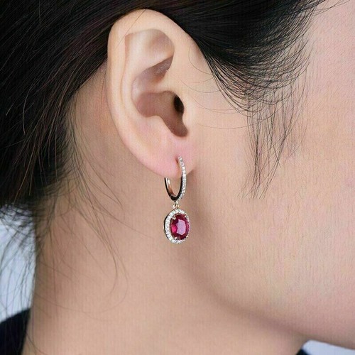 7.00 Ct Pink Ruby & Moissanite Dangle Earrings 14K Yellow Gold Plated - Picture 5 of 8