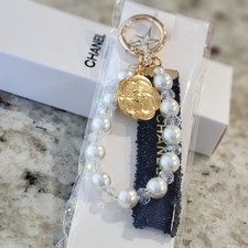 New Chanel VIP GWP Navy Metallic Ribbon Pearls Camellia Star Key Chain Bag Charm