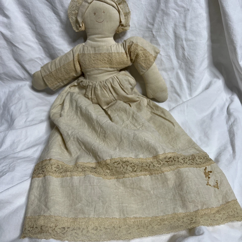 Primitive Rag Doll Cotton Lace Dress Hand Stitched Face Christmas 1880 On Body - Image 4 of 4