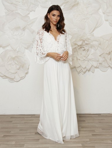 Wedding Dress Ivory A Line Flower Lace 3/4 Sleeve V Neck Backless Layered - Picture 4 of 12