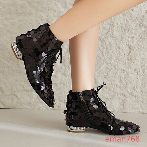 Sparkly Women's Ankle Boots Pointed Toe Lace Up Sequin Party Performance Shoes - Bild 10 von 27