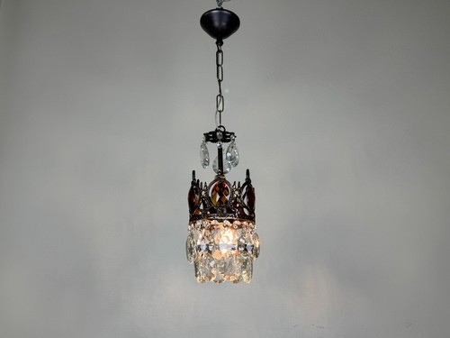 Matching 2 Antique Brass & Crystal Chandelier Lighting Ceiling Lamp Light 1960's - Picture 4 of 12
