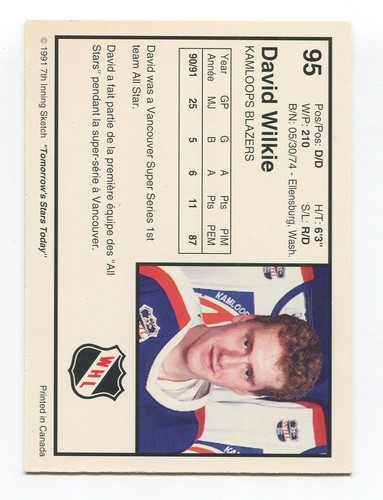 1991 7th Inning Sketch David Wilkie Signed Card Hockey Autograph NHL AUTO #95 - Picture 2 of 2