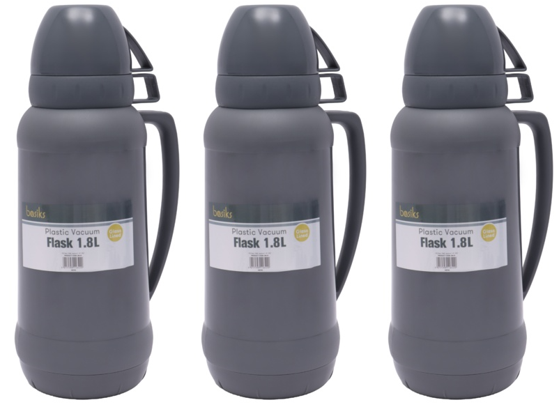 3x basiks Plastic Vacuum Thermal Flask Hot Cold Tea Drink Camping Travel 1.8L