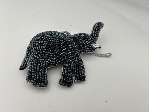 Black Gray Elephant Beaded Stuffed Double Sided Handmade Artisan Ornament 4"