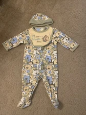 Baby Miniwear 6-9 Months Bears Pajamas Pjs, Hat And Bib Set Boys Girls