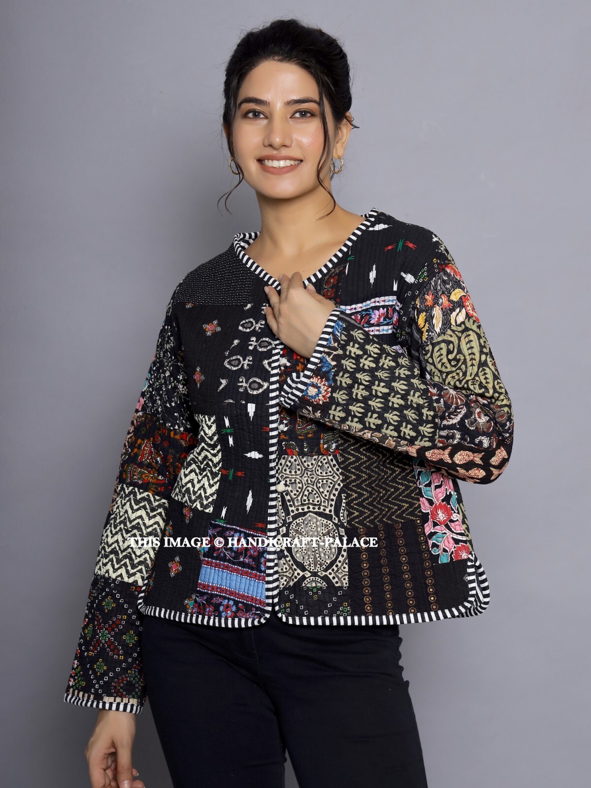 Chaqueta De Pana Negra Con Parches Reversible Ropa De Mujer India