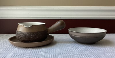 Vintage 3-piece Denby Stoneware Pottery Sauce Pot, Under-plate & Bowl, England