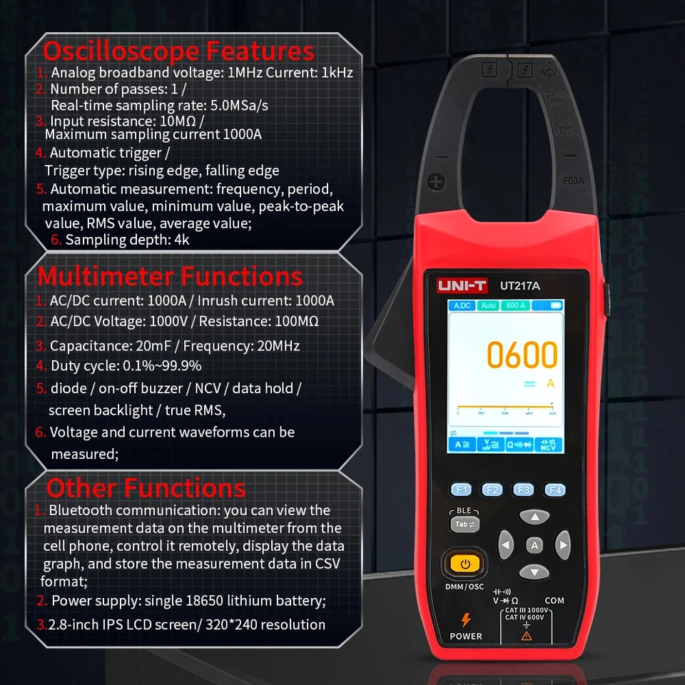 UNIT 600A AC/DC Oscilloscope Clamp Meter Bluetooth APP Recorder NCV UT217A/217B - Image 3 of 4