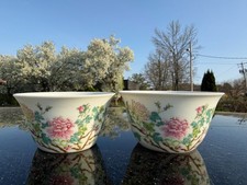 Pair Of Antique Chinese Famille Rose Flowers China Porcelain Bowls Mark Republic