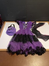 Halloween Purple Ruffles Bat Girl Costume Kids 4-6 Dress Wings Bag