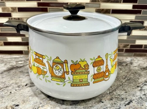 70s enamel stock pot with floral fruit hippie heavy duty vintage kitchen clean