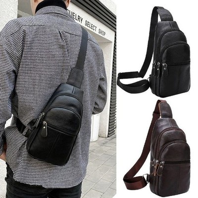 US Men's Genuine Cowhide Leather Chest Bag - Crossbody Sling Pack for Business