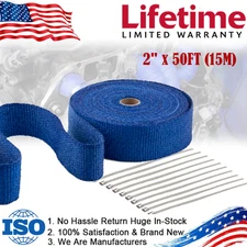 2" x 50FT (15M)  Exhaust Header Fiberglass Heat Wrap Tape w/10 Steel Ties Blue