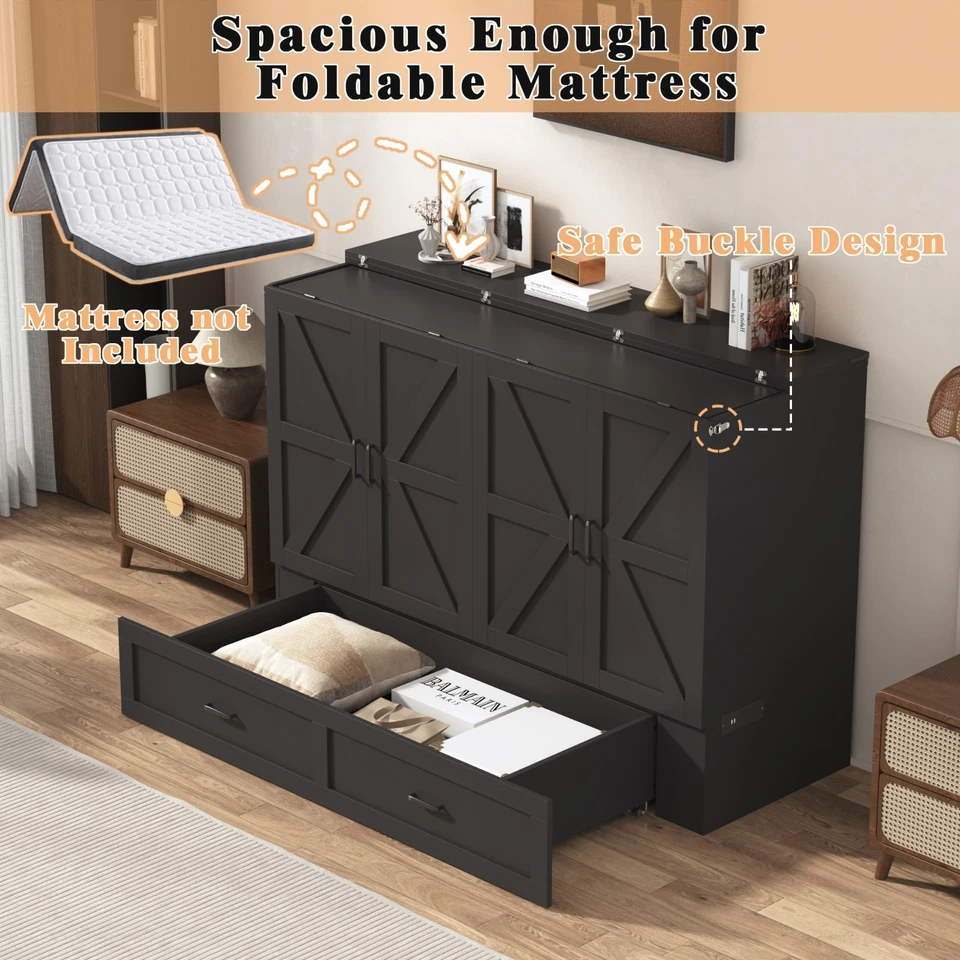 Cama Queen Murphy, gabinete Murphy con estación de almacenamiento y carga (negro) Foto 4 de 4