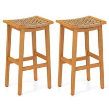 Outdoor Acacia Wood Bar Stools Set of 2 with PE Rattan Seats and Backrests