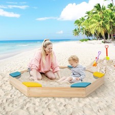 Outdoor Wooden Sandbox Backyard Sandpit for Kids with 6 Built-in Seats