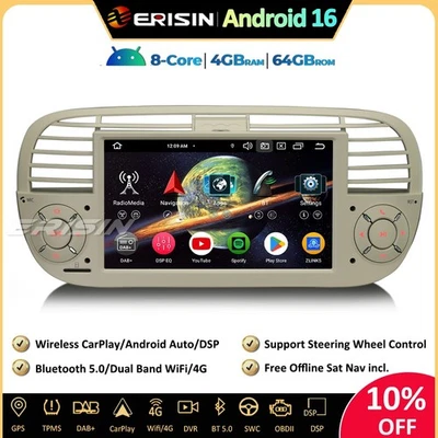 64GO Android 16 Autoradio GPS Navi CarPlay DAB+ TNT pour Fiat 500/500C/500S/500E - Photo 1/4